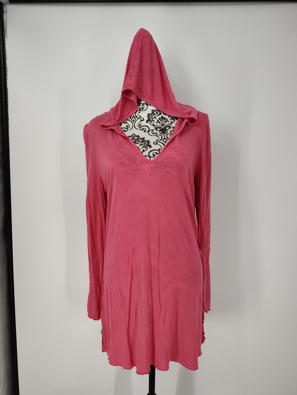 Athleta Rose Pink Hooded V-Neck Long Sleeve Tunic Top, Mini Dress Womens X Large
